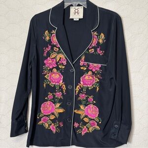 Figue Navy Embroidered Floral Blouse Small Luxurious Pajama Style
